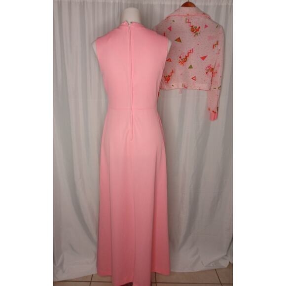 Vintage Maxi Dress and Matching Shrug Jacket Set 1960s Mod Geometric Floral Pink - Picture 3 of 15